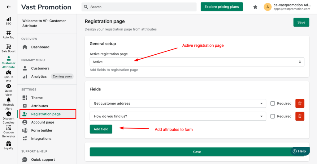 Add attributes to registration page