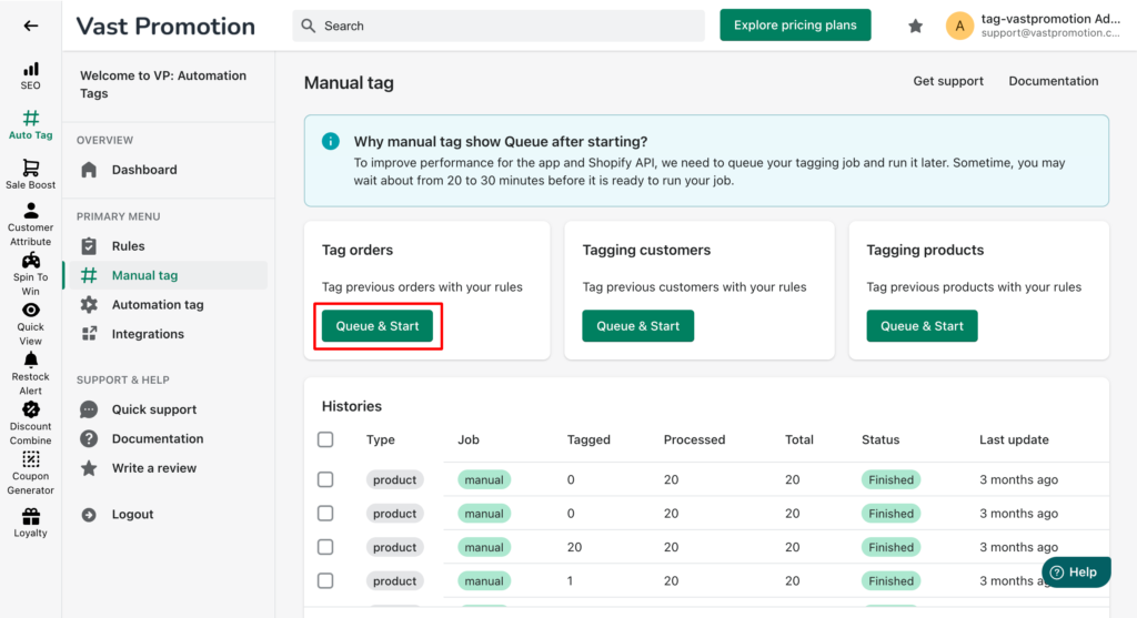 Click Queue & Start to tag orders